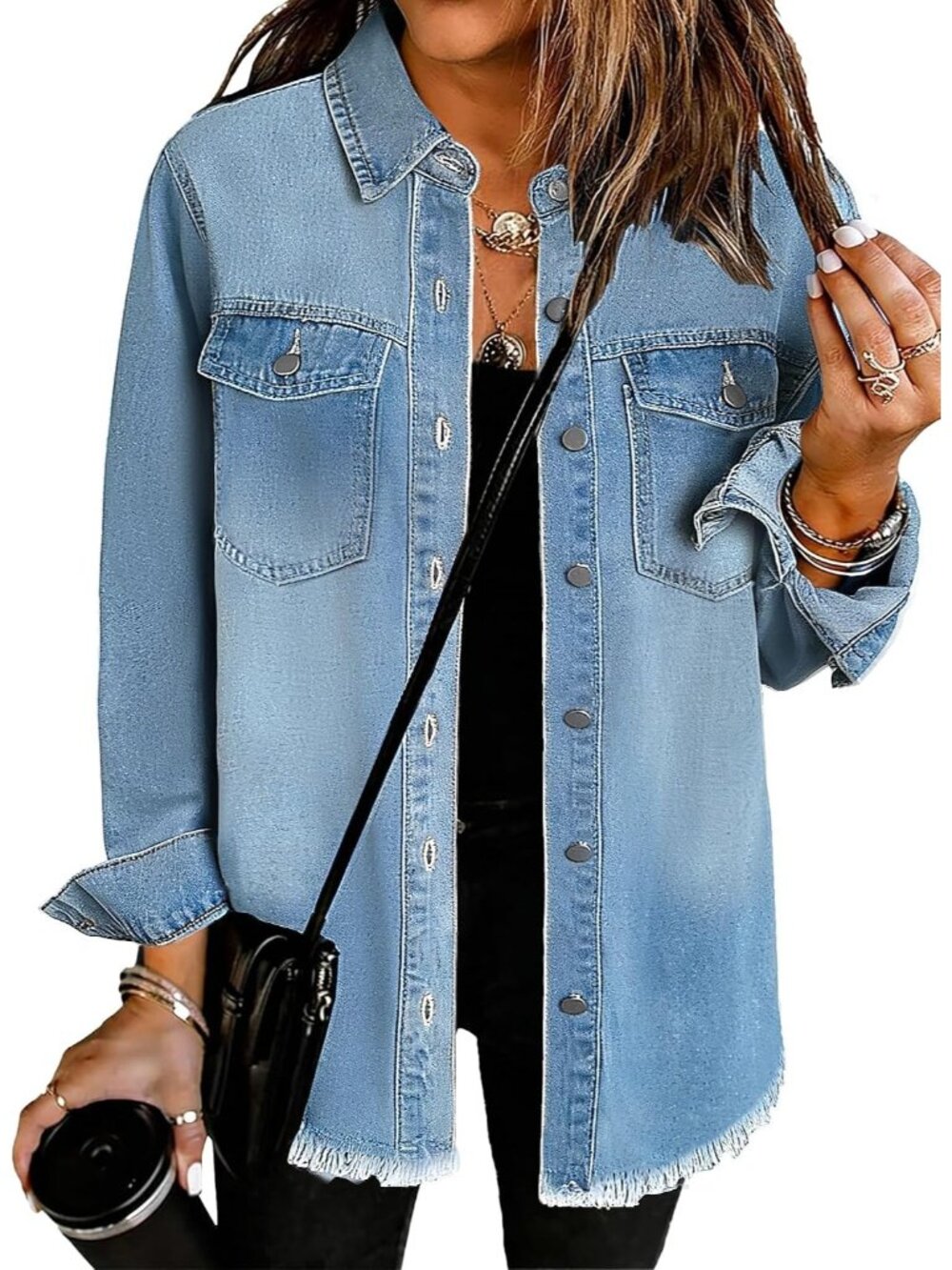 Women’s Blue Sky Button Down Oversized Distressed Denim Jean Jacket Shacket